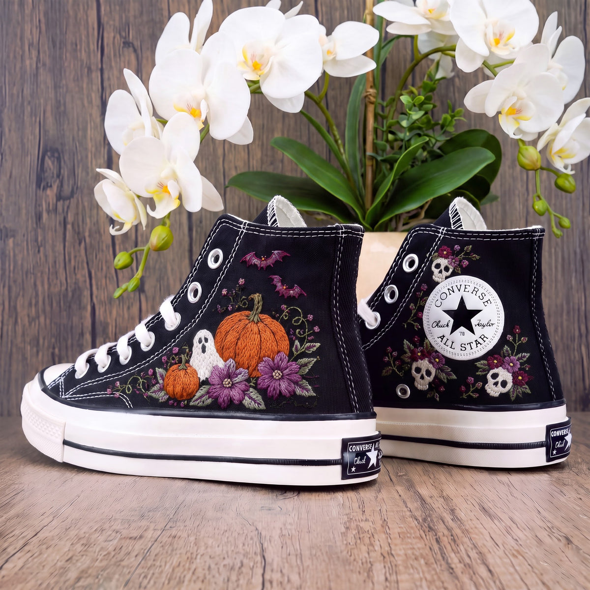 Converse Hand Embroidered Halloween Shoes | Pumpkin Ghost Bat Sneakers | Floral Skull High Tops | Spooky Gothic Gift