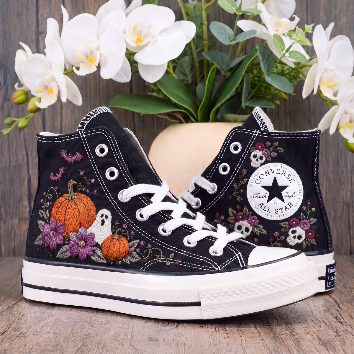 Converse Hand Embroidered Halloween Shoes | Pumpkin Ghost Bat Sneakers | Floral Skull High Tops | Spooky Gothic Gift