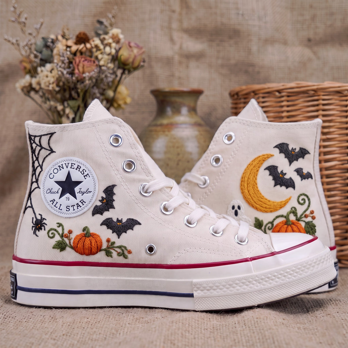 Converse Hand Embroidered Ghost Bat Moon Pumpkin Shoes | Halloween Spider Web High Tops | Spooky Autumn Sneakers | Unique Halloween Gift
