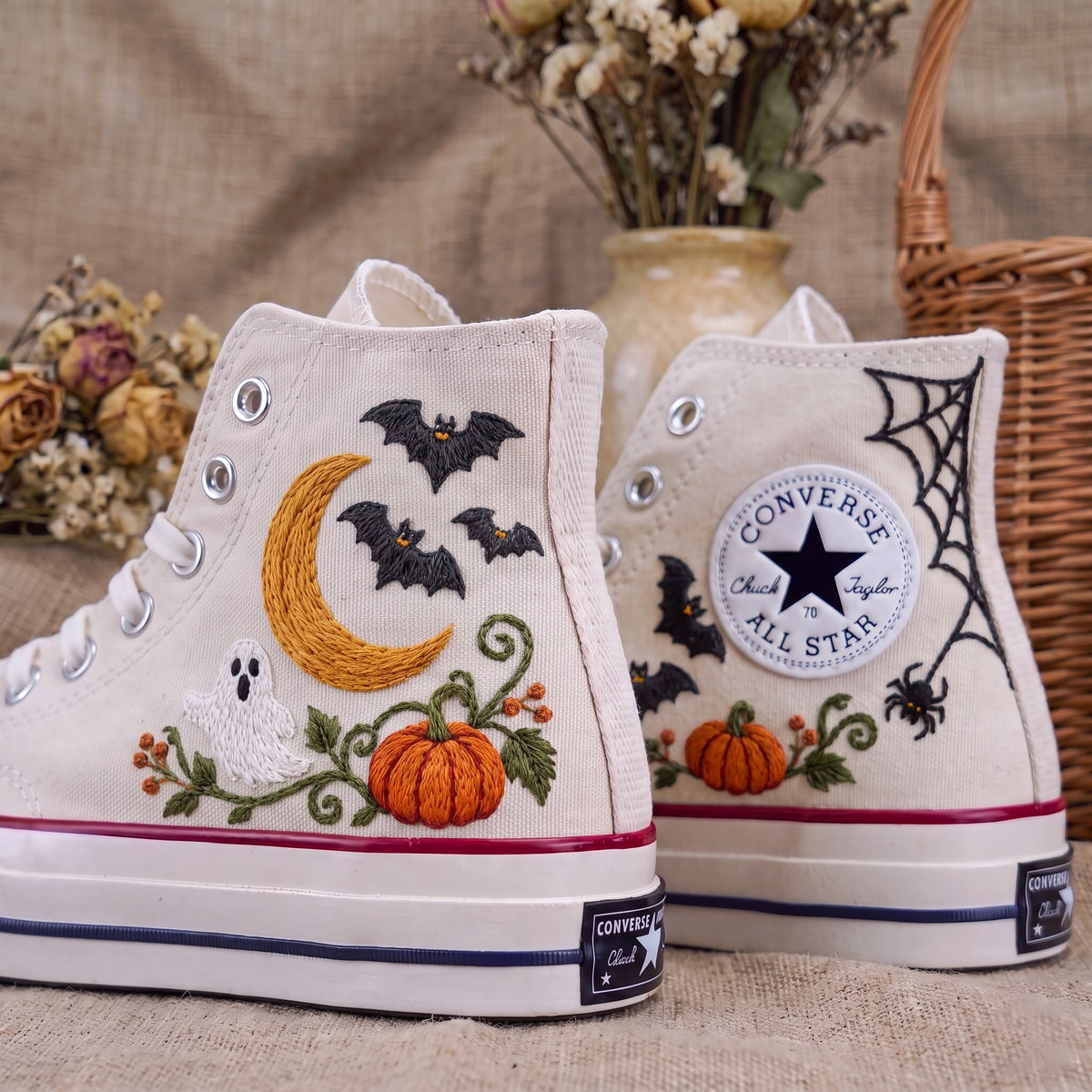Converse Hand Embroidered Ghost Bat Moon Pumpkin Shoes | Halloween Spider Web High Tops | Spooky Autumn Sneakers | Unique Halloween Gift