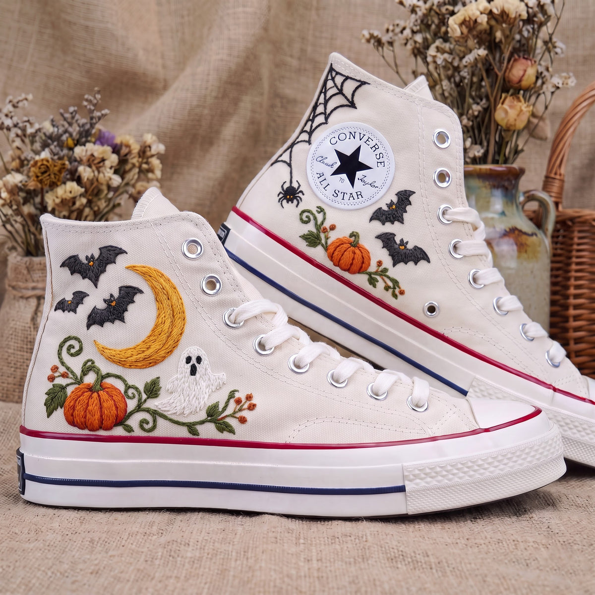 Converse Hand Embroidered Ghost Bat Moon Pumpkin Shoes | Halloween Spider Web High Tops | Spooky Autumn Sneakers | Unique Halloween Gift