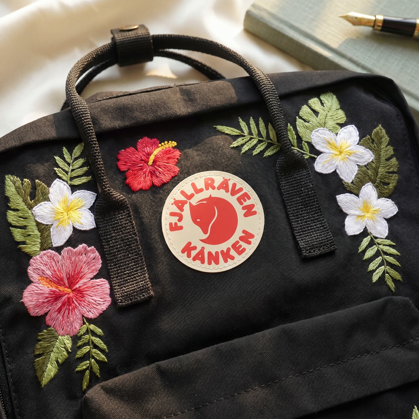 Tropical Floral Fjallraven Kanken Backpack | Hibiscus & Plumeria Embroidered Kanken Bag | Handmade Tropical Style Backpack| Travel Backpack
