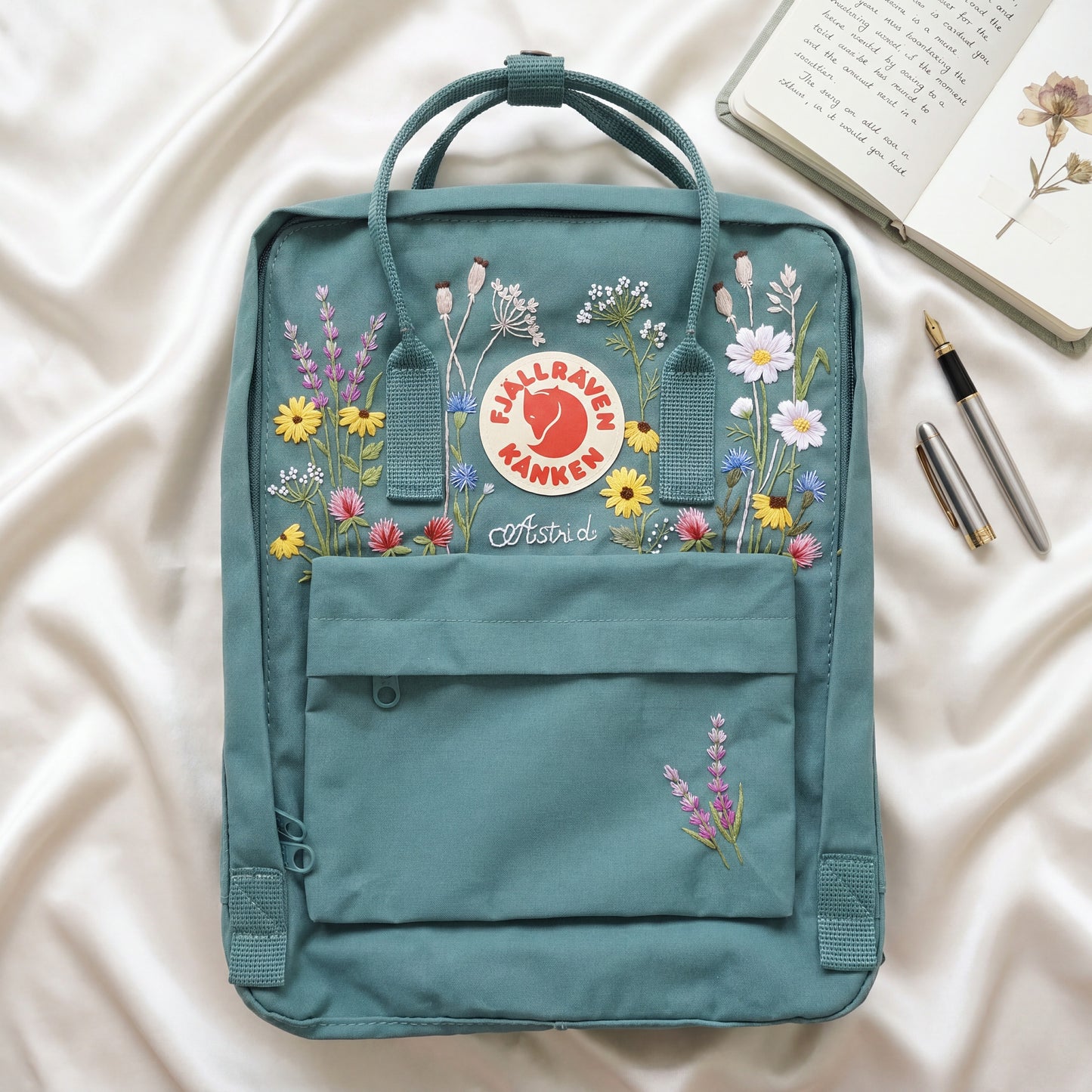 Custom Embroidered Fjallraven Kanken Backpack Wildflower | Fjallraven Kanken Travel Backpack| Handmade Cottagecore School Bag|Wildflower Bag