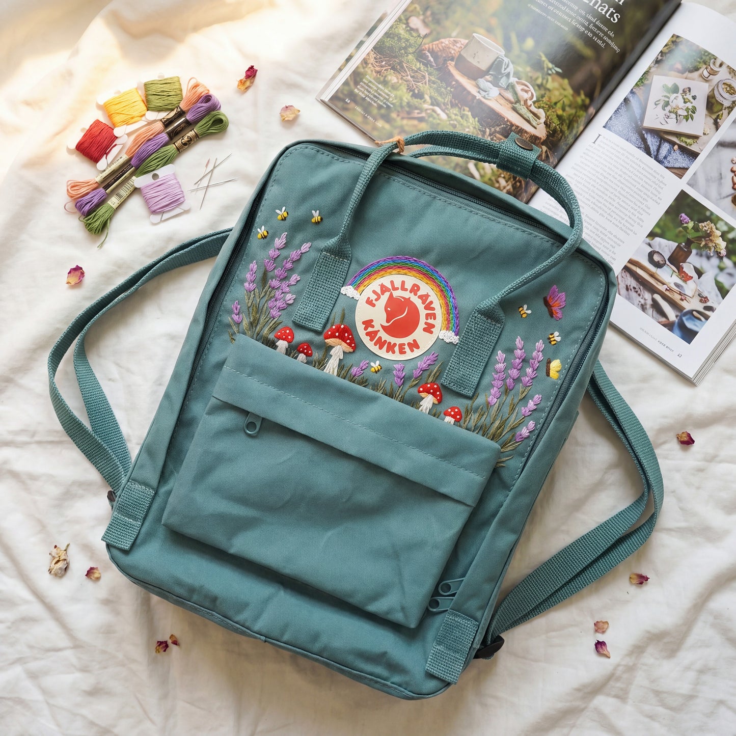 Embroidered Lavender Mushroom Fjallraven Kanken Backpack | Lavender Mushroom Cottagecore Backpack | Cute Rainbow Floral School Bag