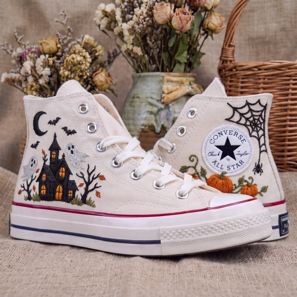 Converse Hand Embroidered Haunted House Ghost Shoes | Halloween Pumpkin Spider Web High Tops | Spooky Sneakers | Unique Halloween Gift