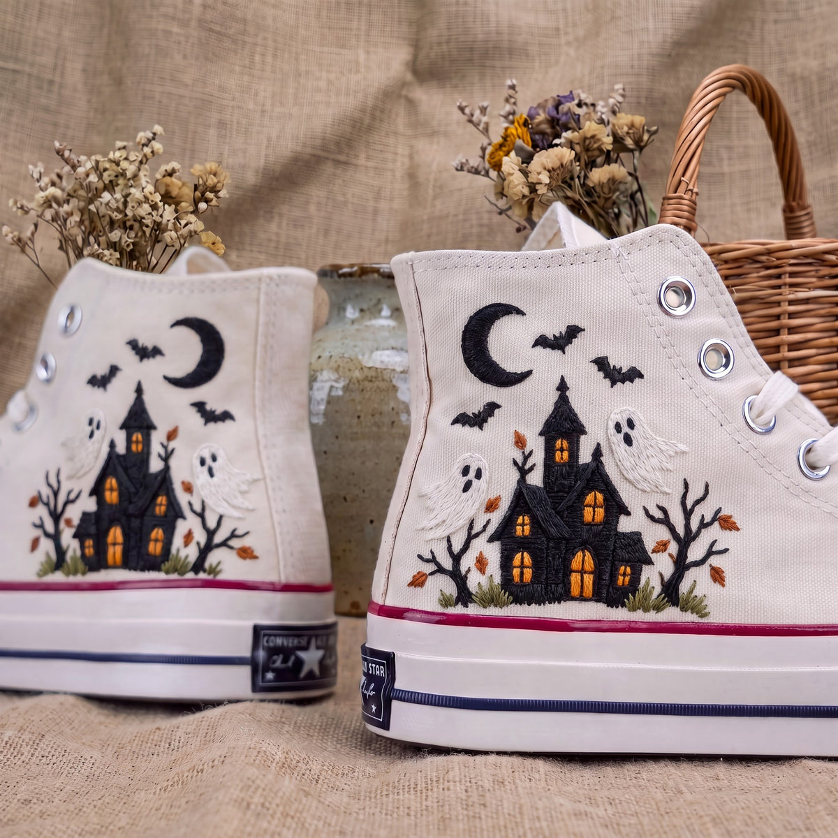 Converse Hand Embroidered Haunted House Ghost Shoes | Halloween Pumpkin Spider Web High Tops | Spooky Sneakers | Unique Halloween Gift