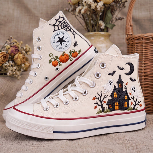 Converse Hand Embroidered Haunted House Ghost Shoes | Halloween Pumpkin Spider Web High Tops | Spooky Sneakers | Unique Halloween Gift