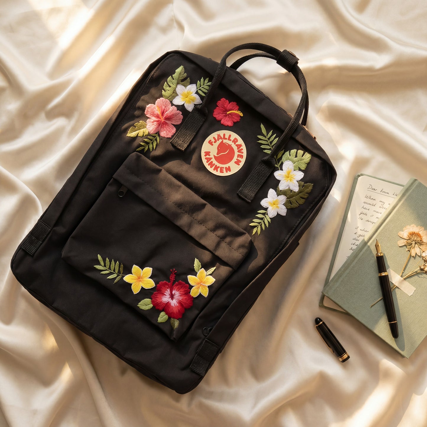 Tropical Floral Fjallraven Kanken Backpack | Hibiscus & Plumeria Embroidered Kanken Bag | Handmade Tropical Style Backpack| Travel Backpack