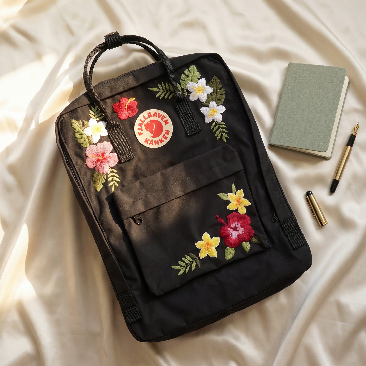 Tropical Floral Fjallraven Kanken Backpack | Hibiscus & Plumeria Embroidered Kanken Bag | Handmade Tropical Style Backpack| Travel Backpack