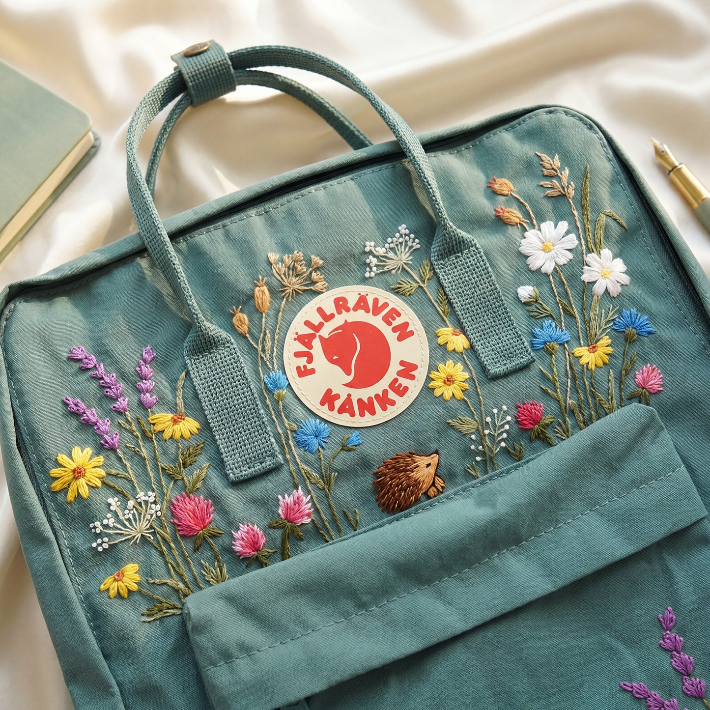 Custom Embroidered Fjallraven Kanken Backpack with Wildflowers & Hedgehog | Handmade School Backpack | Personalized Floral Travel Bag Gift