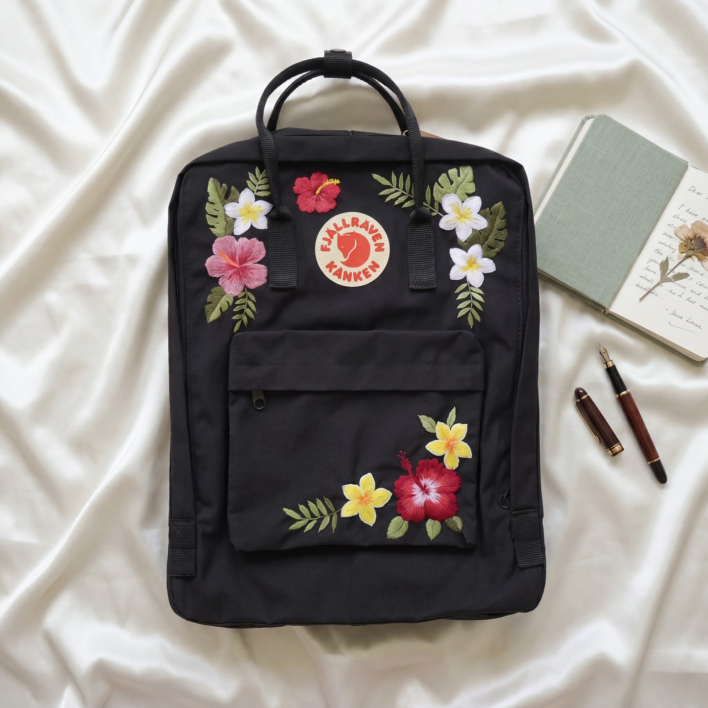 Tropical Floral Fjallraven Kanken Backpack | Hibiscus & Plumeria Embroidered Kanken Bag | Handmade Tropical Style Backpack| Travel Backpack