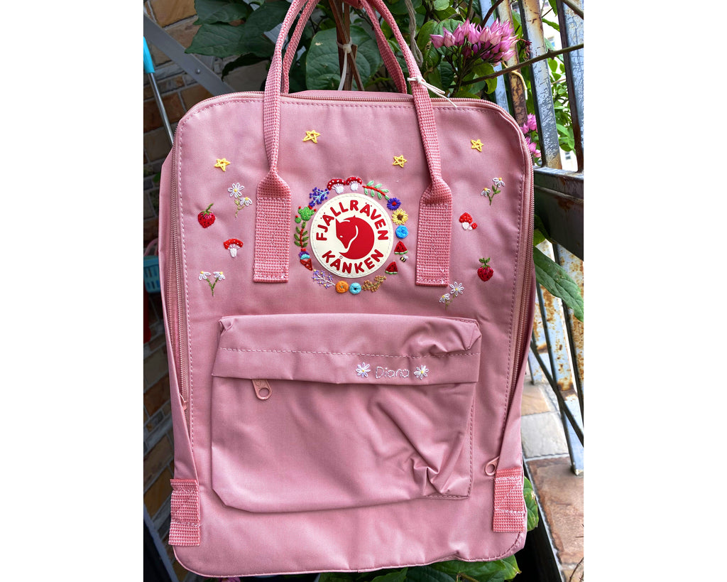  Fjallraven Kanken Backpack with Strawberry and Mushroom Embroidery  - Personalized Embroidered Backpack - Custom Bag for Women 