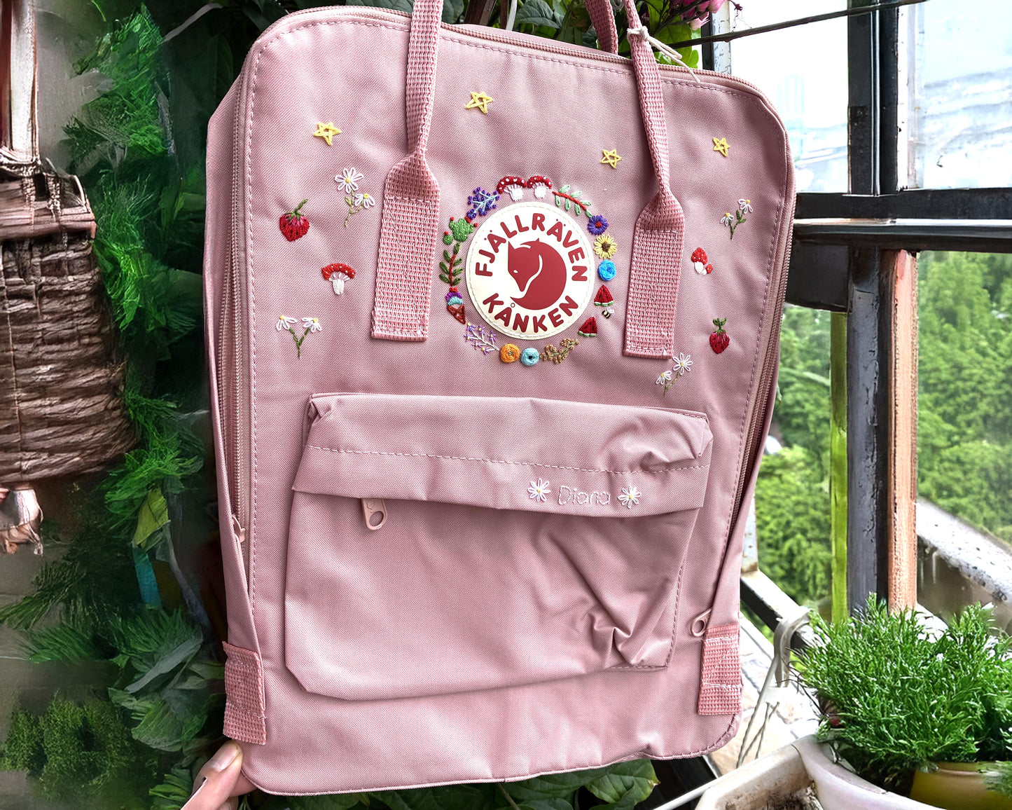 Fjallraven Kanken Backpack with Strawberry and Mushroom Embroidery  - Personalized Embroidered Backpack - Custom Bag for Women