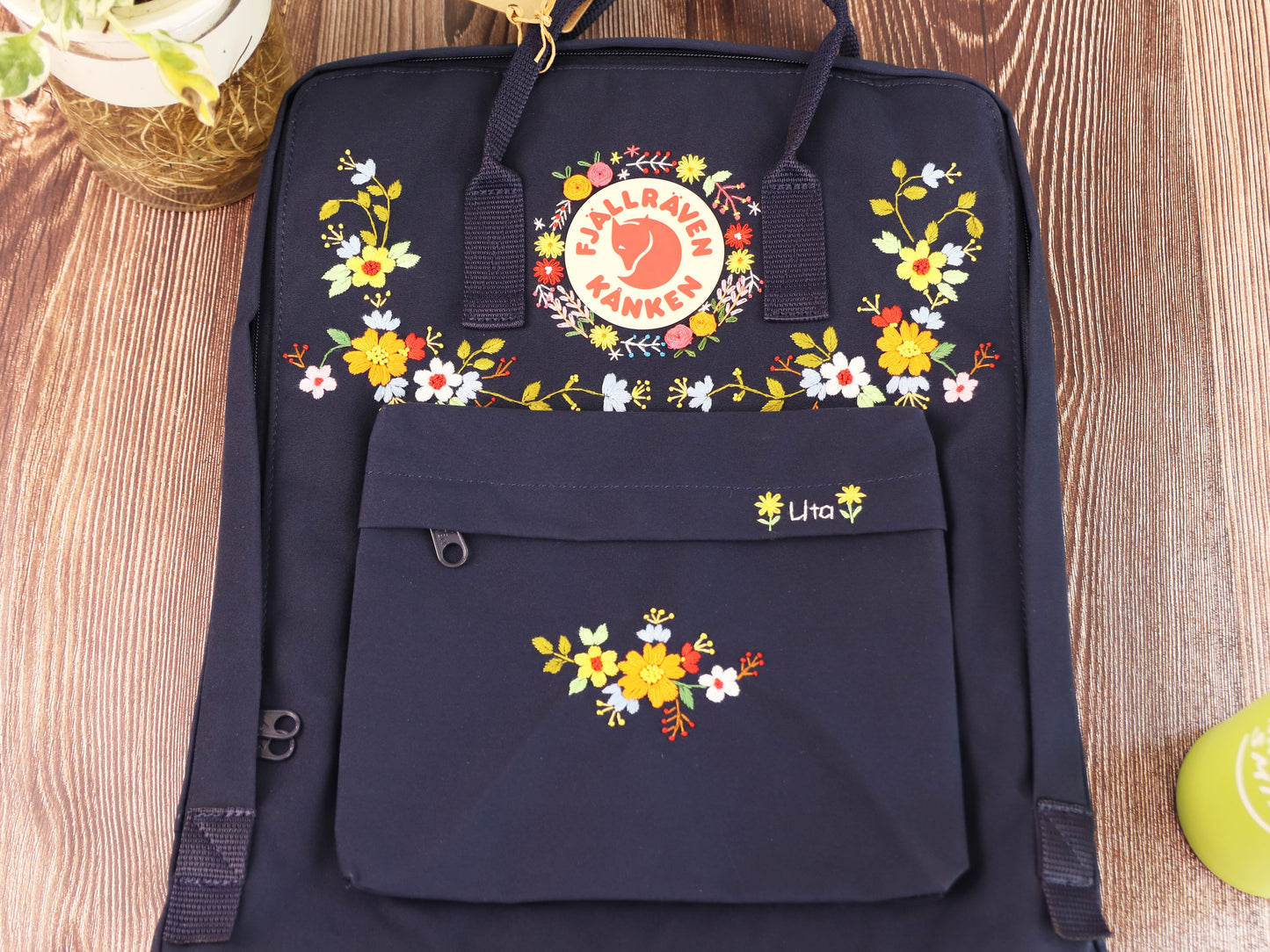 Hand embroidery on fjallraven kanken backpack with flowers