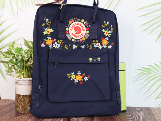 Hand embroidery on fjallraven kanken backpack with flowers