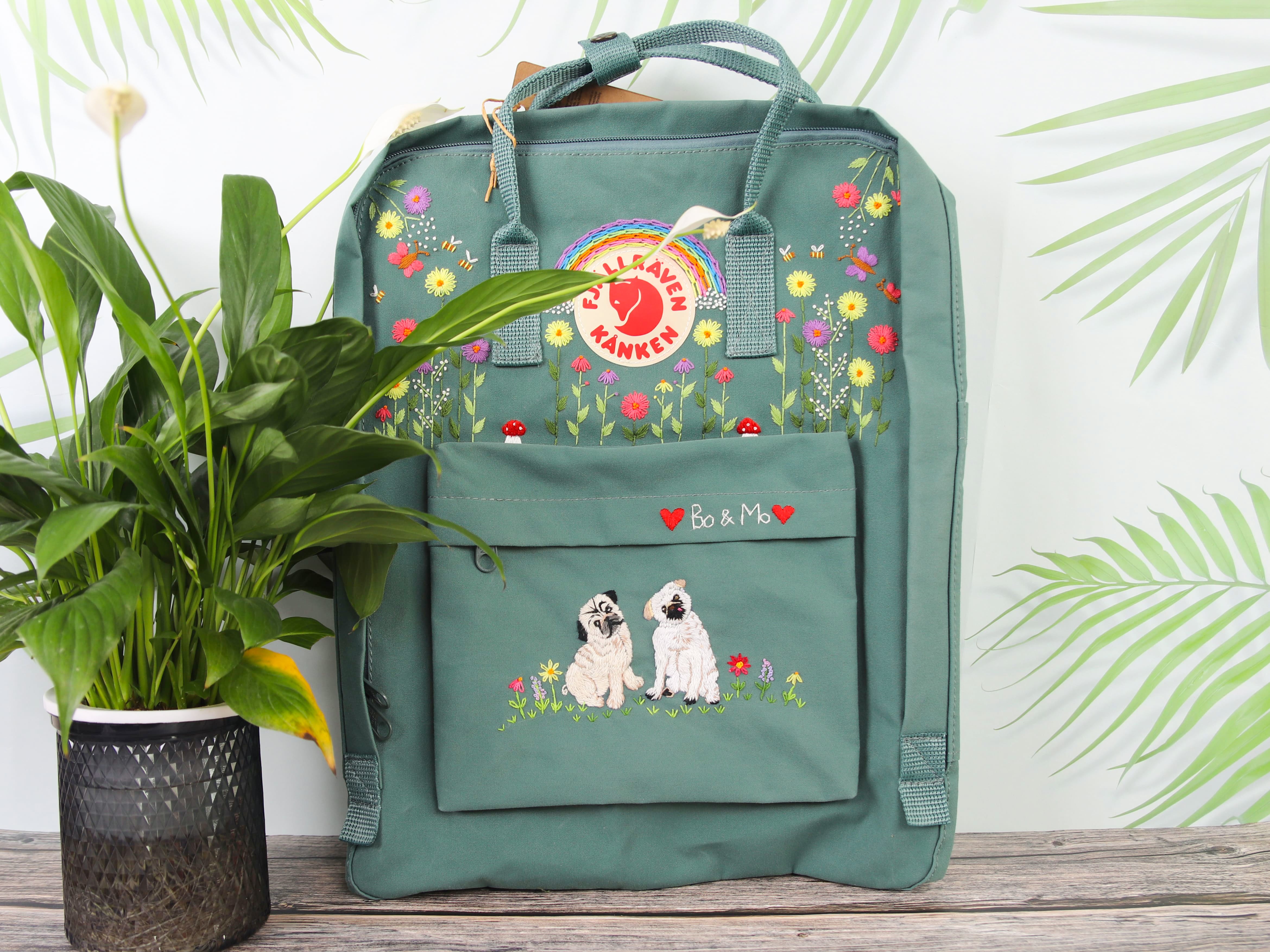 Fjallraven kanken backpack with custom dog embroidery embroartis