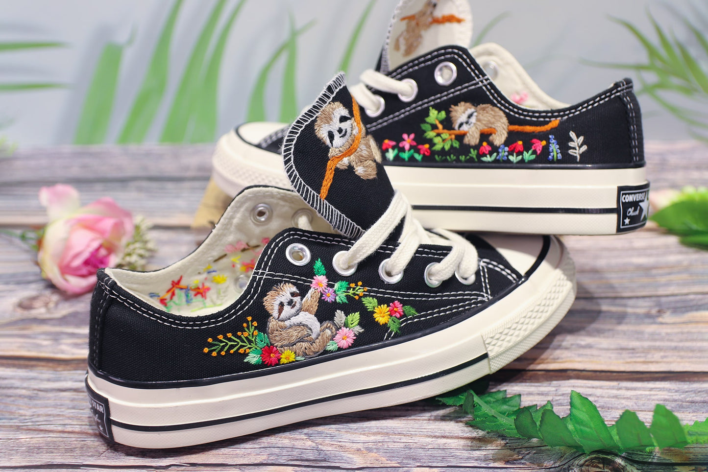 Embroidered sloth on Converse Chuck 70 Low-Top shoes/ Embroidered sloth Converse