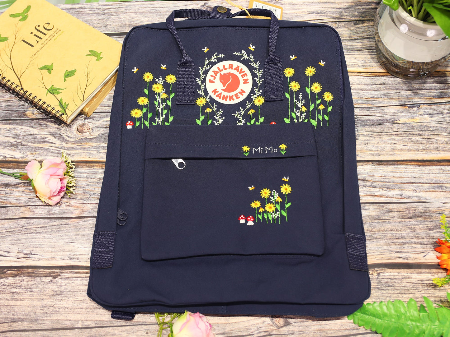 Hand Embroidery on Fjallraven Kanken Backpack with Flowers/Fjallraven kanken embroidered flowers/Fjallraven kanken embroidery design flowers