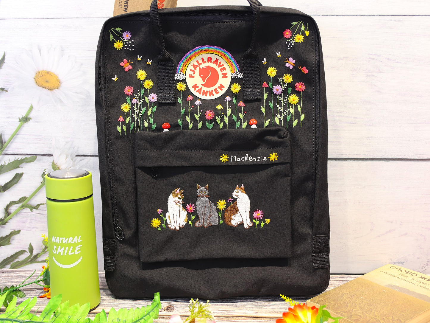 Fjallraven Kanken backpack with embroidered cat/ Fjallraven kanken backpack embroidered cat design/ Custom embroidered cat design