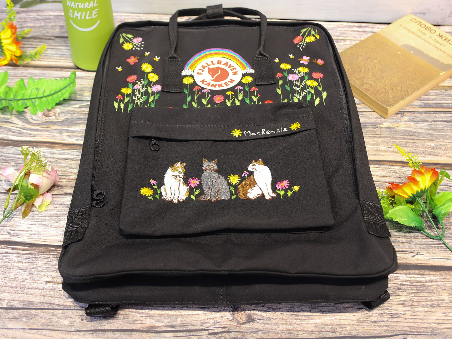 Fjallraven Kanken backpack with embroidered cat/ Fjallraven kanken backpack embroidered cat design/ Custom embroidered cat design