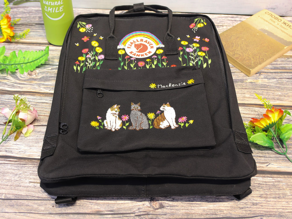  Fjallraven Kanken backpack with embroidered cat/ Fjallraven kanken backpack embroidered cat design/ Custom embroidered cat design 