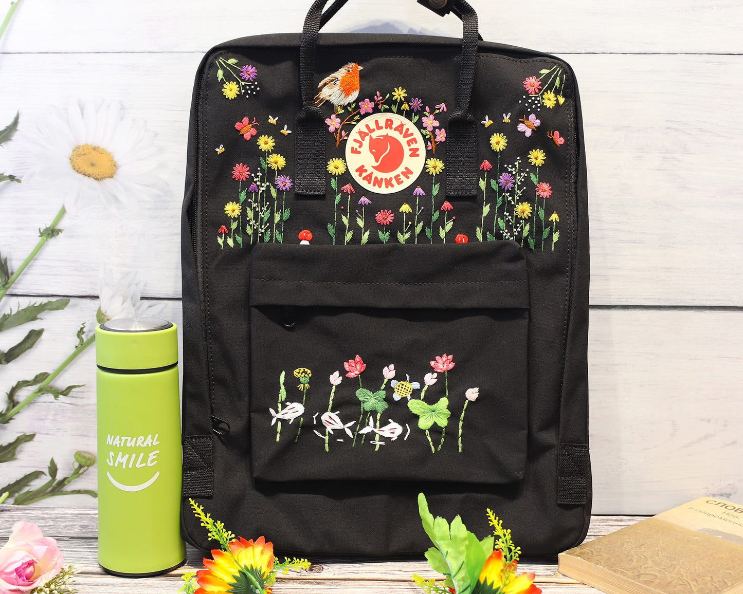 Fjallraven Kanken Backpack with Spring Vibes and Koi Pond Embroidery - Personalized Embroidered Backpack - Custom Bag for Women