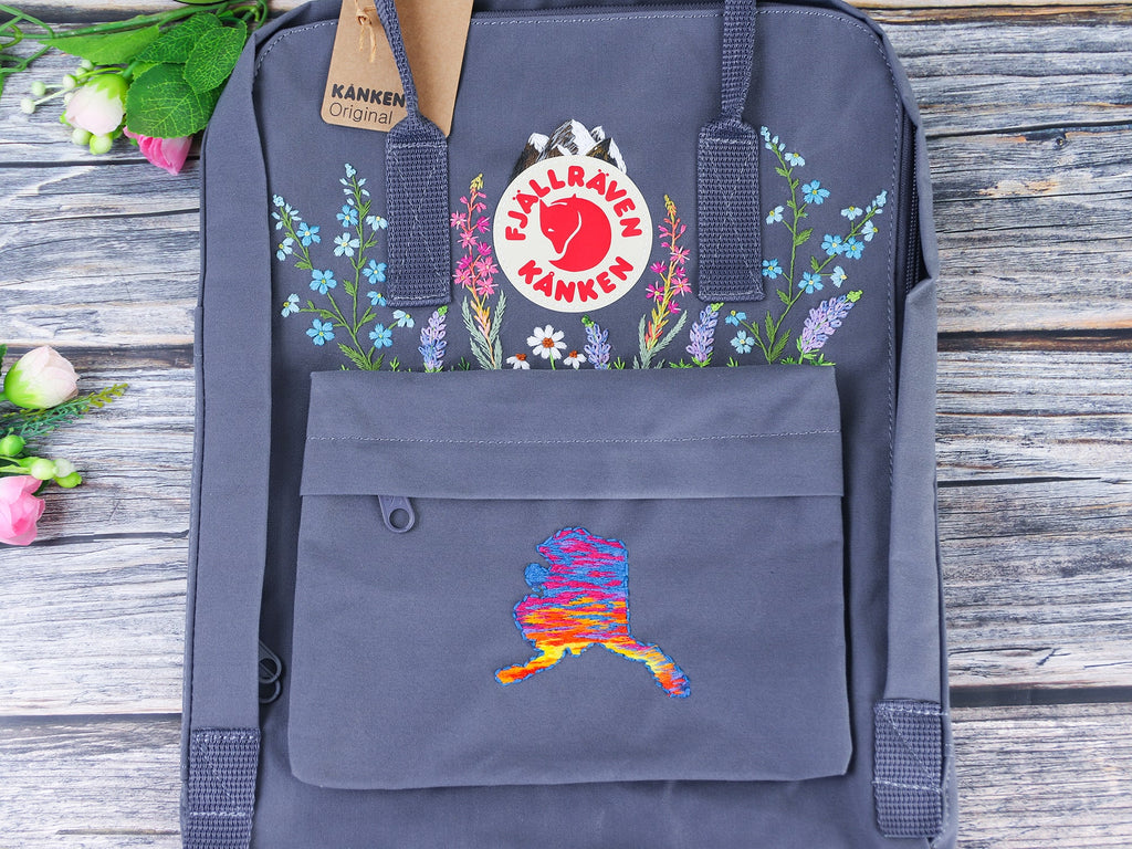  Fjallraven kanken backpack embroidered Alaska flower/ Fjallraven Kanken backpack embroidered with Alaska flower, lupine, forget me knot 