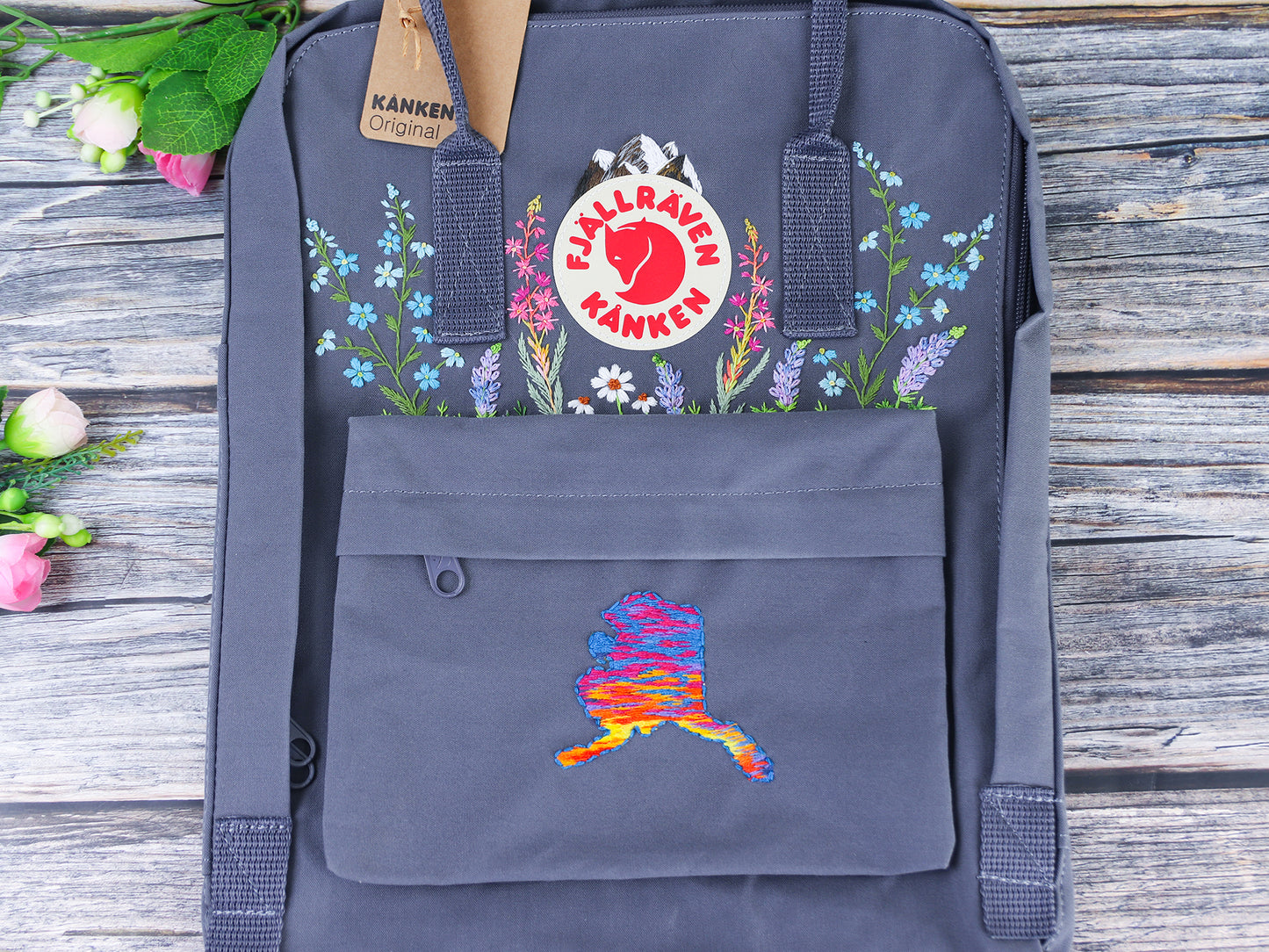 Fjallraven Kanken Backpack with Embroidered Alaska Flower - Personalized Embroidered Backpack - Custom Bag for Women