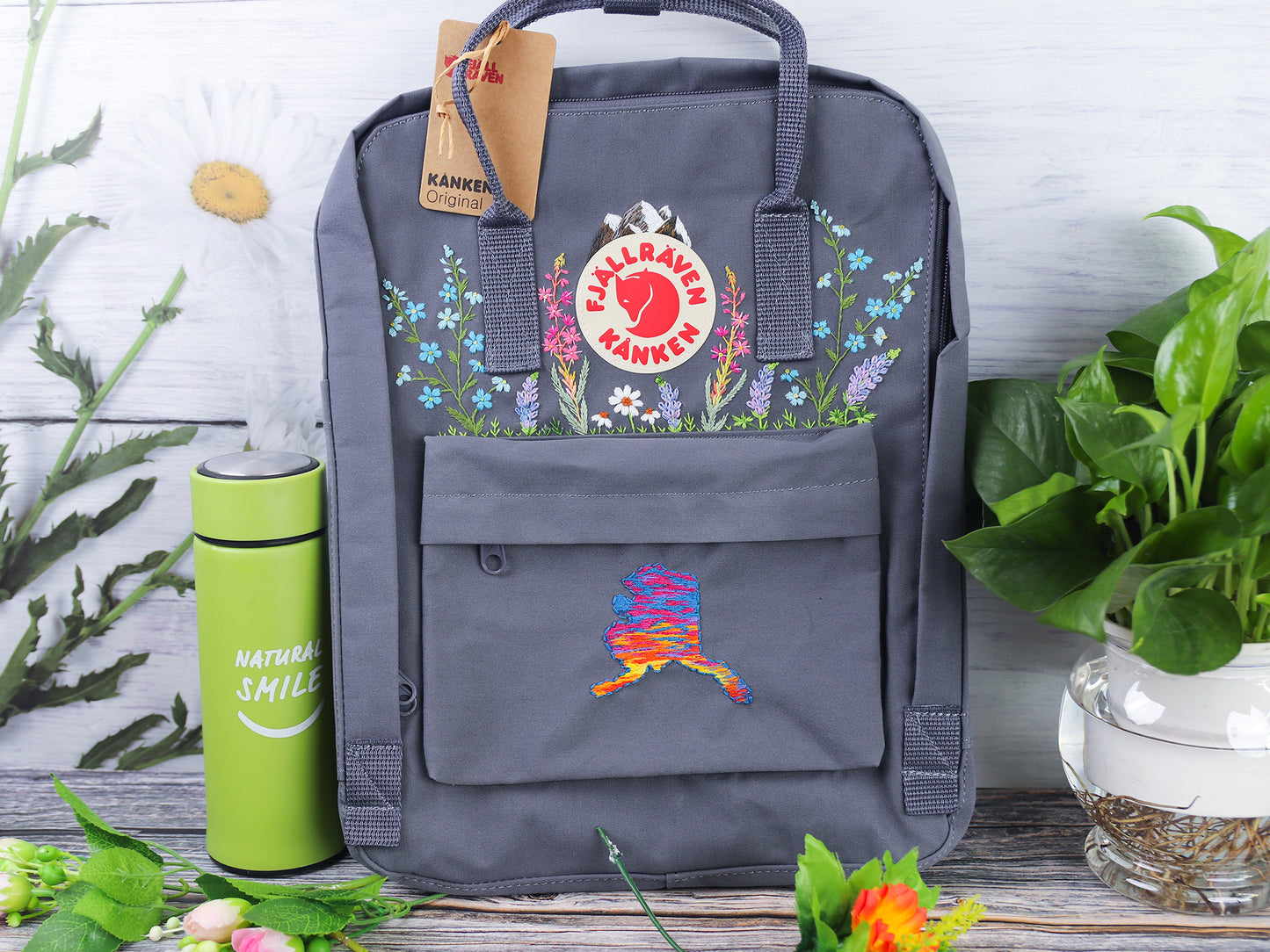 Fjallraven Kanken Backpack with Embroidered Alaska Flower - Personalized Embroidered Backpack - Custom Bag for Women
