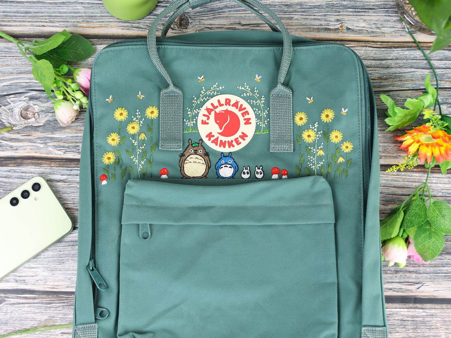 Fjallraven Kanken backpack embroidered with totoro characters/ Totoro design embroidered on Fjallraven Kanken backpack/ Totoro embroidery