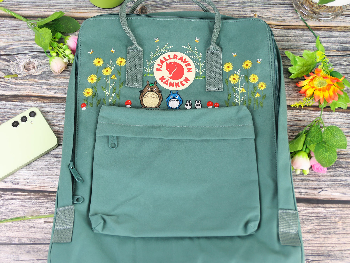 Fjallraven Kanken backpack embroidered with totoro characters/ Totoro design embroidered on Fjallraven Kanken backpack/ Totoro embroidery