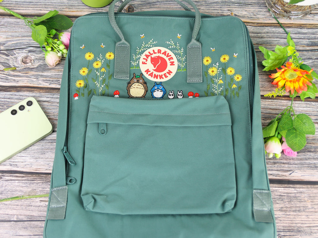  Fjallraven Kanken backpack embroidered with totoro characters/ Totoro design embroidered on Fjallraven Kanken backpack/ Totoro embroidery 