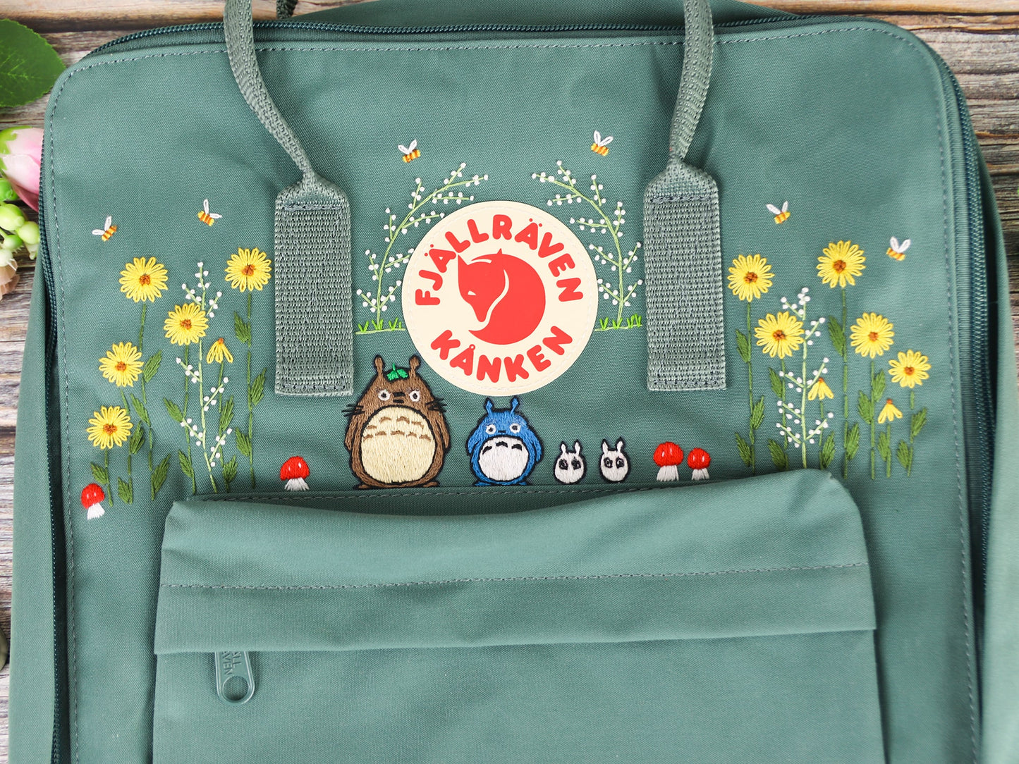 Fjallraven Kanken backpack embroidered with totoro characters/ Totoro design embroidered on Fjallraven Kanken backpack/ Totoro embroidery