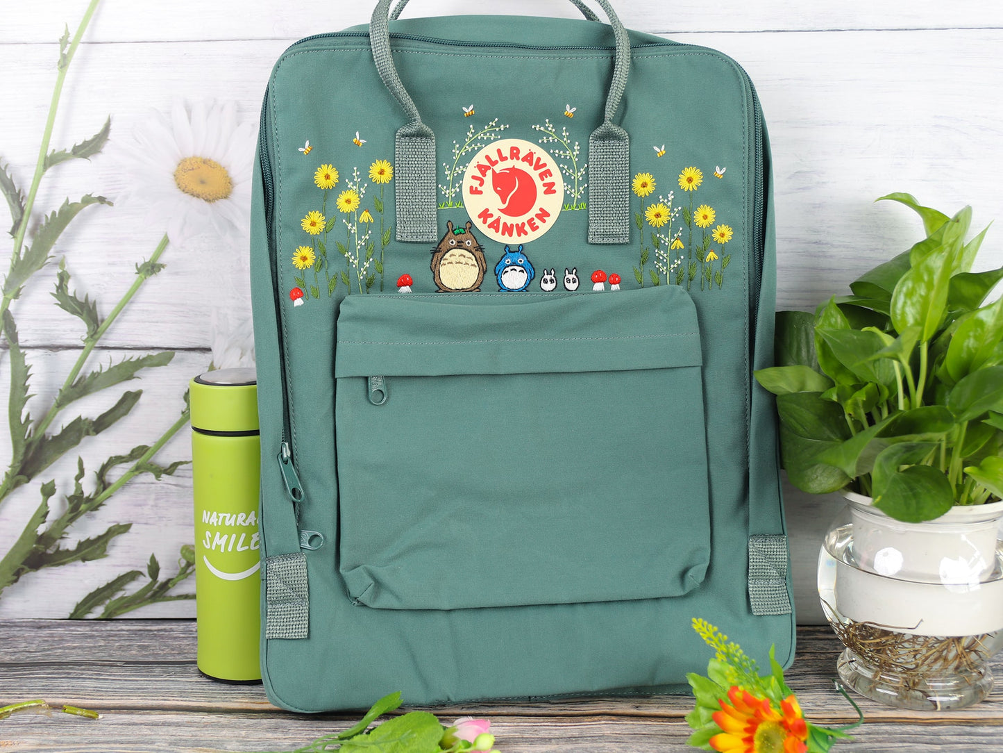 Fjallraven Kanken backpack embroidered with totoro characters/ Totoro design embroidered on Fjallraven Kanken backpack/ Totoro embroidery