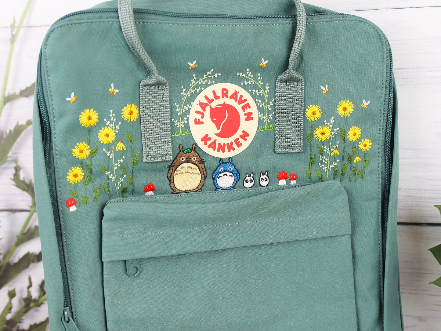 Fjallraven Kanken backpack embroidered with totoro characters/ Totoro design embroidered on Fjallraven Kanken backpack/ Totoro embroidery