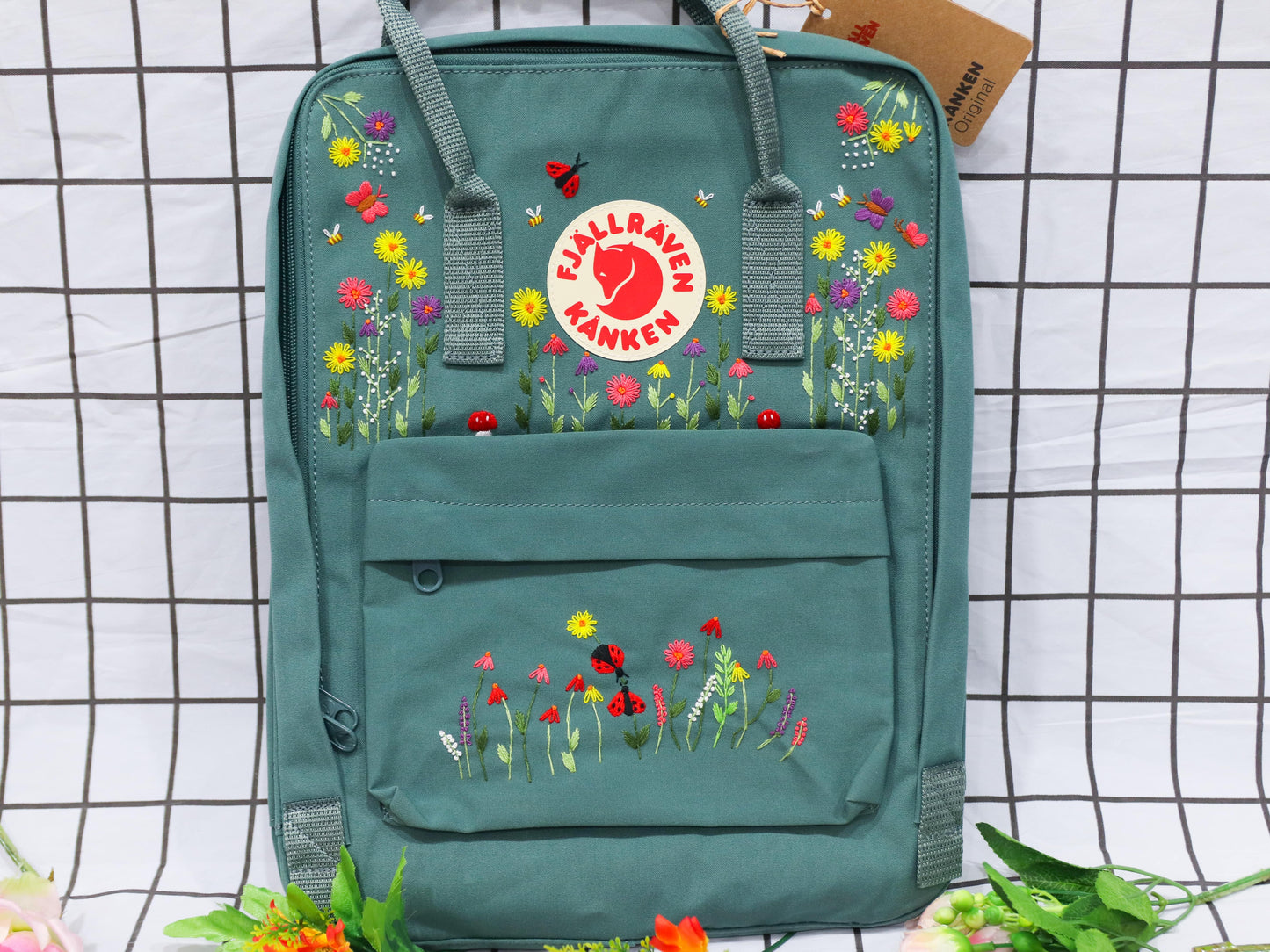 Fjallraven kanken backpack embroidered with ladybugs and colorful flowers