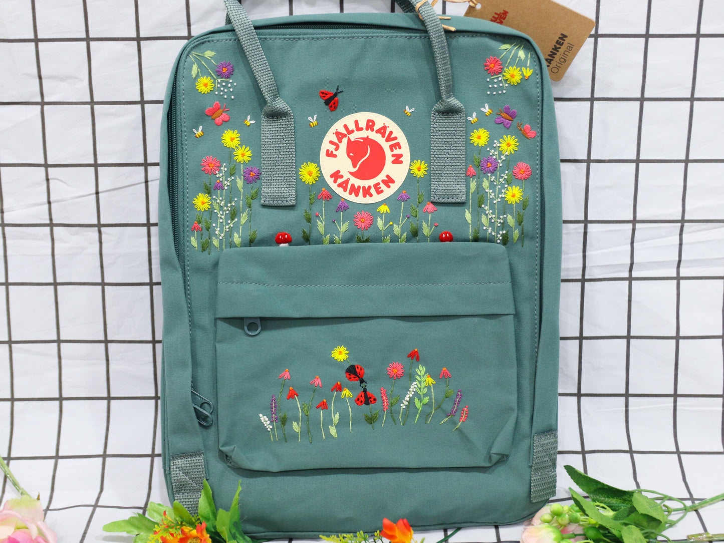 Fjallraven kanken backpack embroidered with ladybugs and colorful flowers