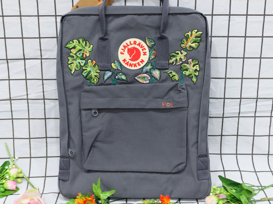 fjallraven kanken backpack embroidered monstera and Alocasia leaves/ monstera and Alocasia leaves embroidery design