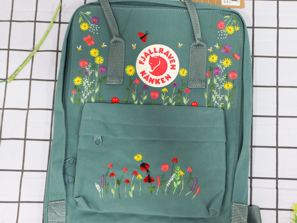  Fjallraven kanken backpack embroidered with ladybugs and colorful flowers 