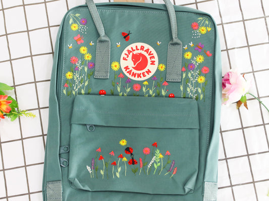 Fjallraven kanken backpack embroidered with ladybugs and colorful flowers