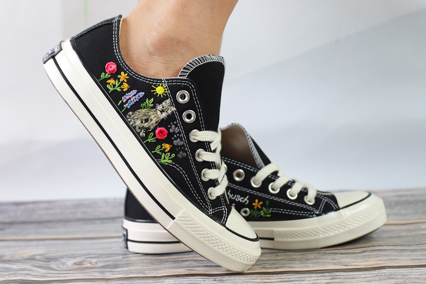 Custom Cat Embroidered Low Top Converse Shoes