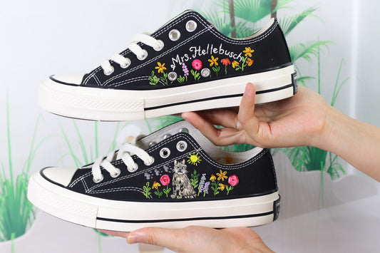 Custom Cat Embroidered Low Top Converse Shoes