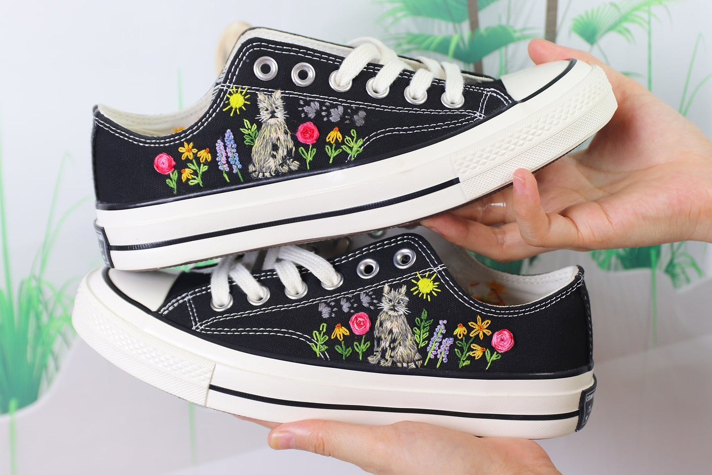 Custom Cat Embroidered Low Top Converse Shoes