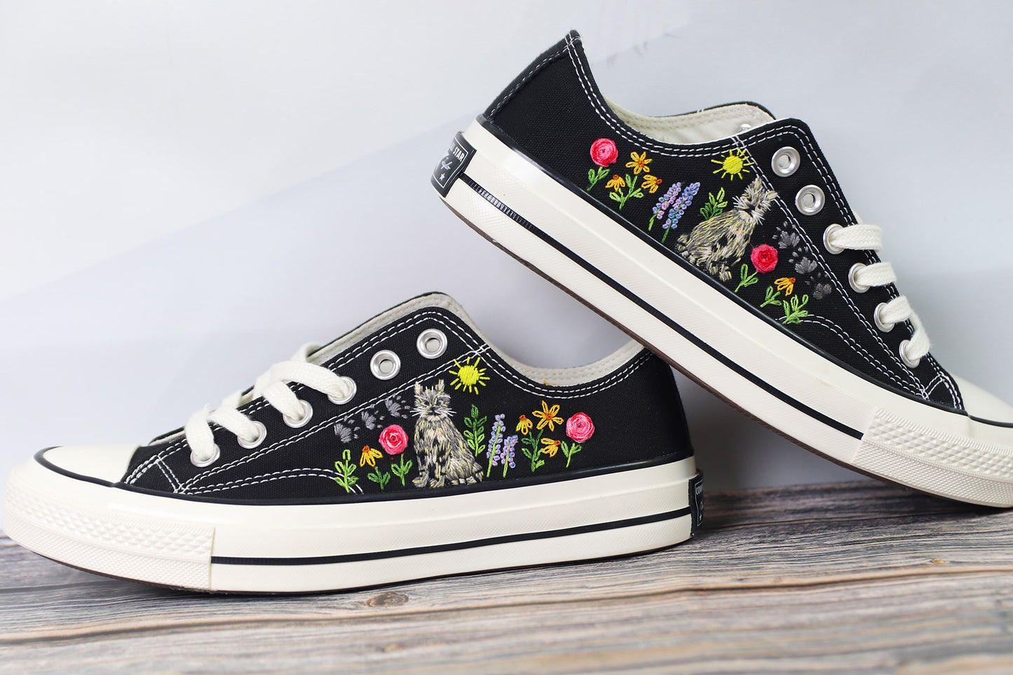 Custom Cat Embroidered Low Top Converse Shoes