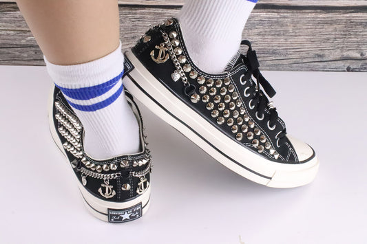 Black studded sneakers women's/ Sneakers with spikes and studs/ Studded converse shoes black low top