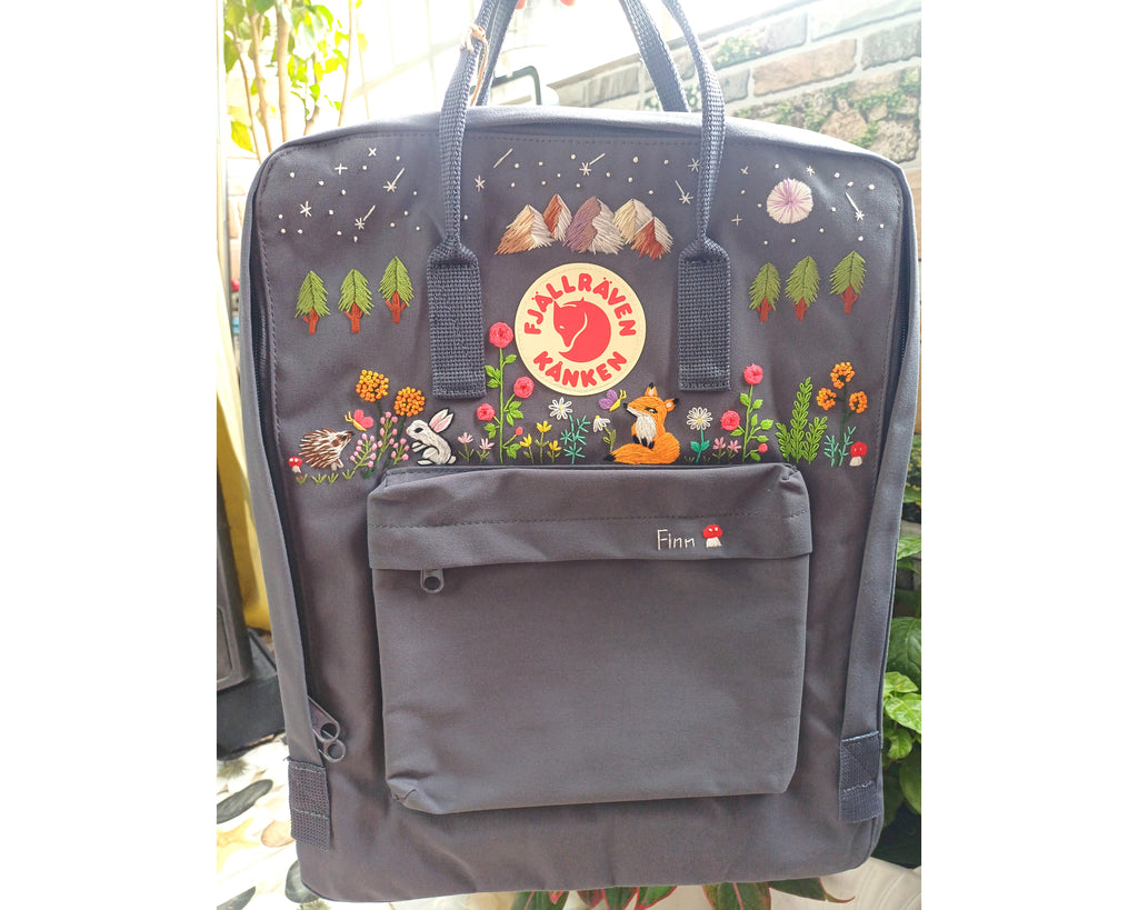  Custom Fjallraven Kanken Backpack – Night Sky & Forest Animals Embroidery - Personalized Embroidered Backpack - Custom Bag for Women 