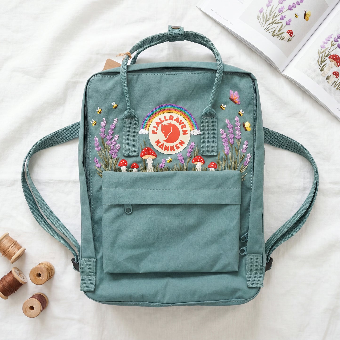 Embroidered Lavender Mushroom Fjallraven Kanken Backpack | Lavender Mushroom Cottagecore Backpack | Cute Rainbow Floral School Bag