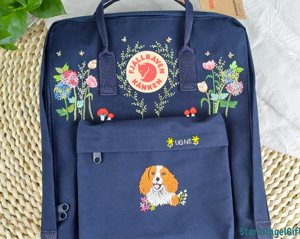  Fjallraven Kanken Backpack embroidered with hydrangea flowers and a pet dog - Personalized Embroidered Backpack - Custom Bag for Women 