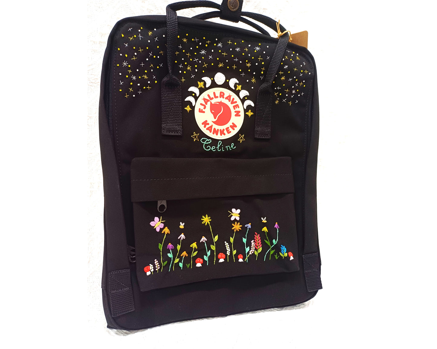 Fjallraven Kanken Backpack embroidered with the moon phase, a starry sky, and a garden of flowers with bees and butterflies - Personalized Embroidered Backpack - Custom Bag for Women