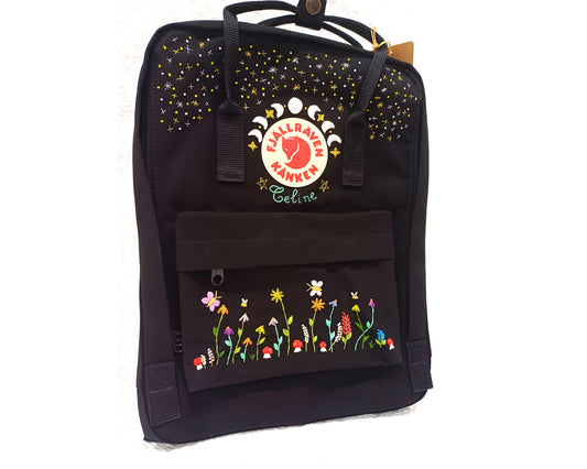 Fjallraven Kanken Backpack embroidered with the moon phase, a starry sky, and a garden of flowers with bees and butterflies - Personalized Embroidered Backpack - Custom Bag for Women